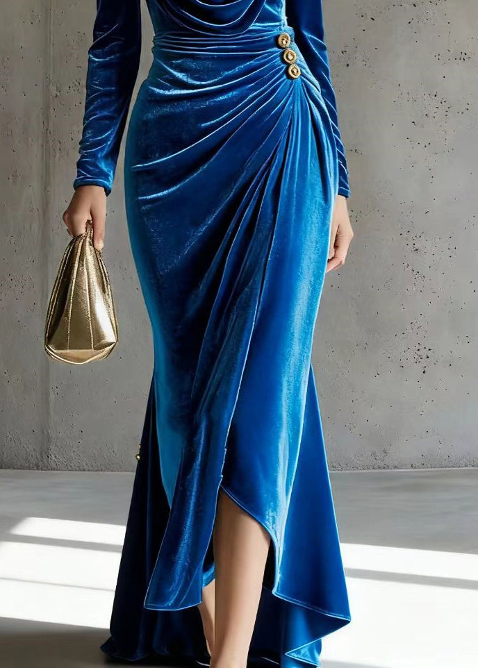 Modern Blue Turtle Neck Low High Design Silk Velvet Evening Dress Spring