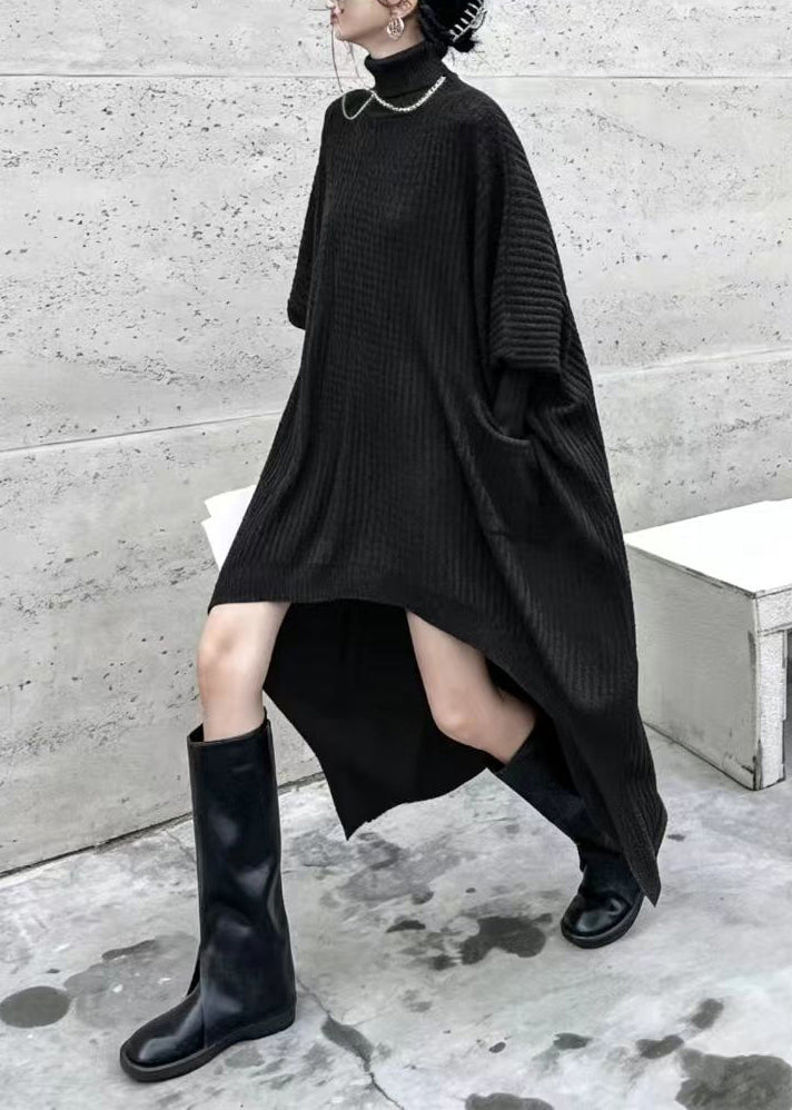 Modern Blue Turtleneck Pockets Asymmetrical Knitwear Dress Fall