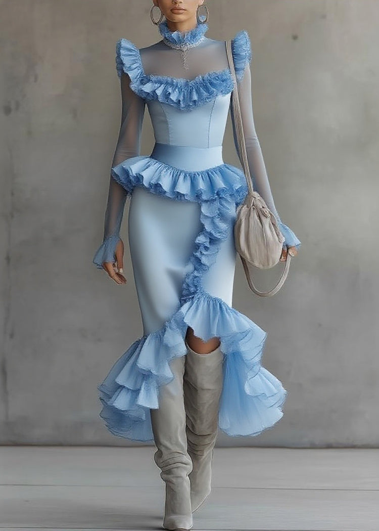 Modern Blue Turtleneck Ruffled Tulle Patchwork Long Dress Flare Sleeve - Omychic