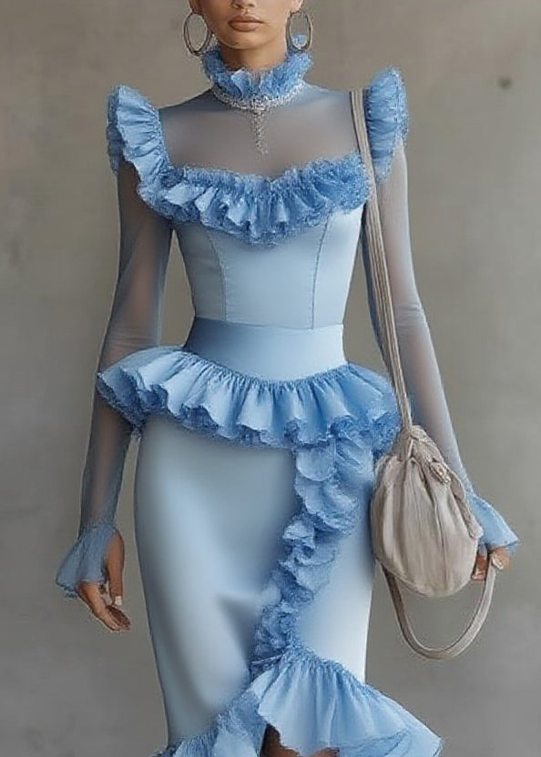 Modern Blue Turtleneck Ruffled Tulle Patchwork Long Dress Flare Sleeve - Omychic