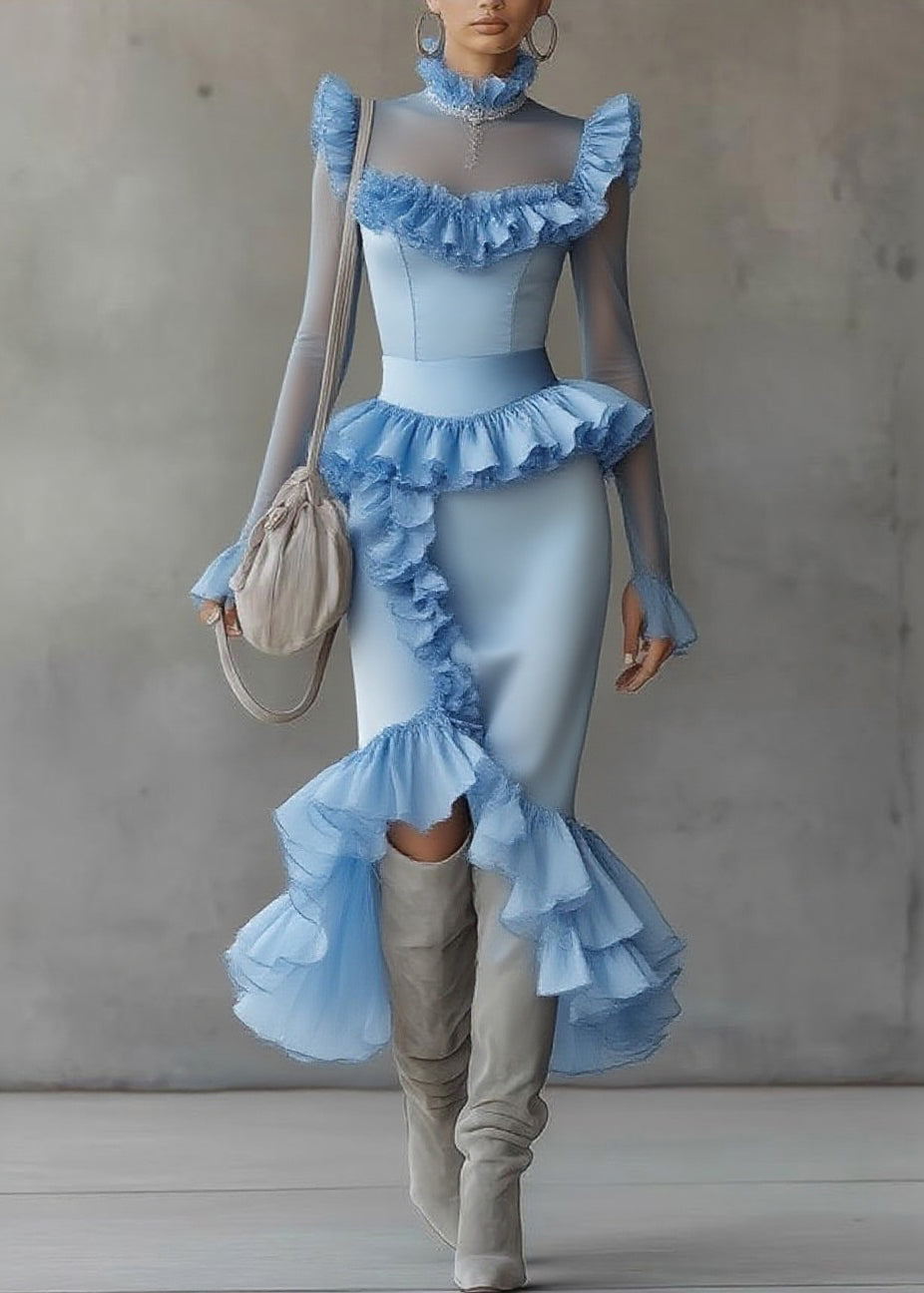 Modern Blue Turtleneck Ruffled Tulle Patchwork Long Dress Flare Sleeve - Omychic