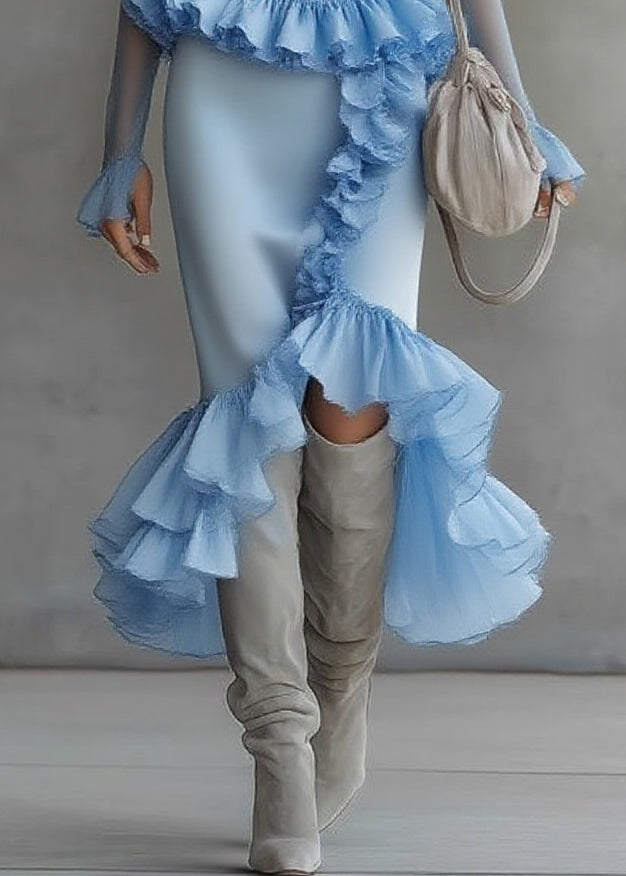 Modern Blue Turtleneck Ruffled Tulle Patchwork Long Dress Flare Sleeve - Omychic