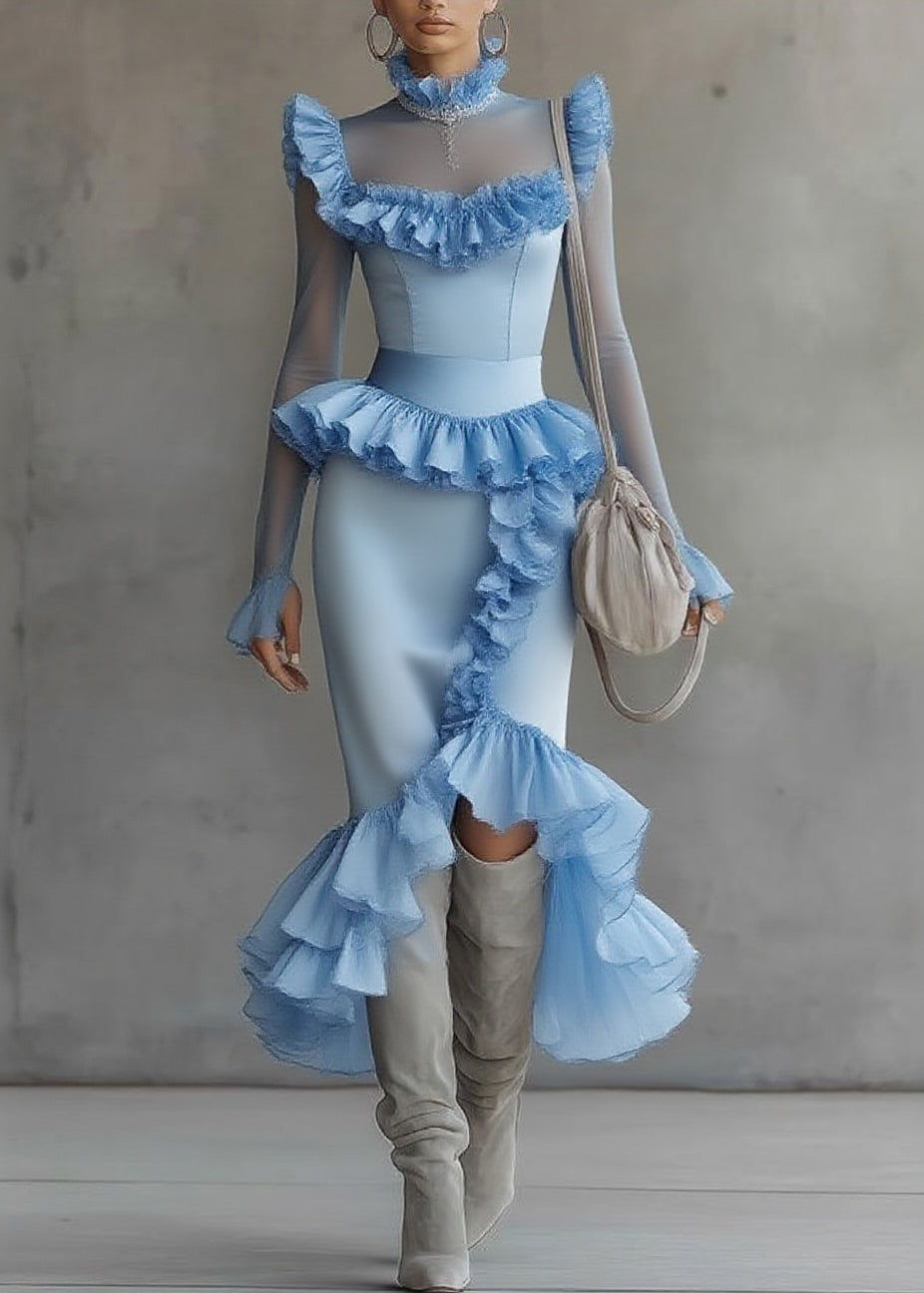 Modern Blue Turtleneck Ruffled Tulle Patchwork Long Dress Flare Sleeve - Omychic