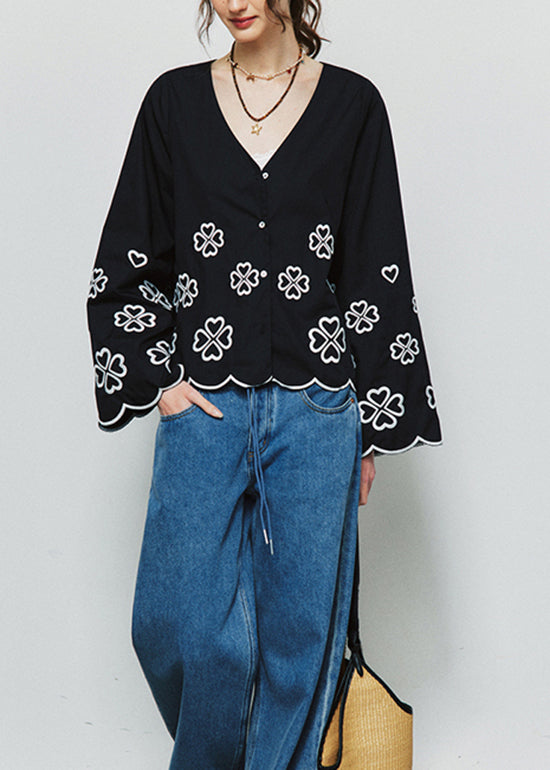 Modern Blue V Neck Embroidered Cotton Shirt Flare Sleeve