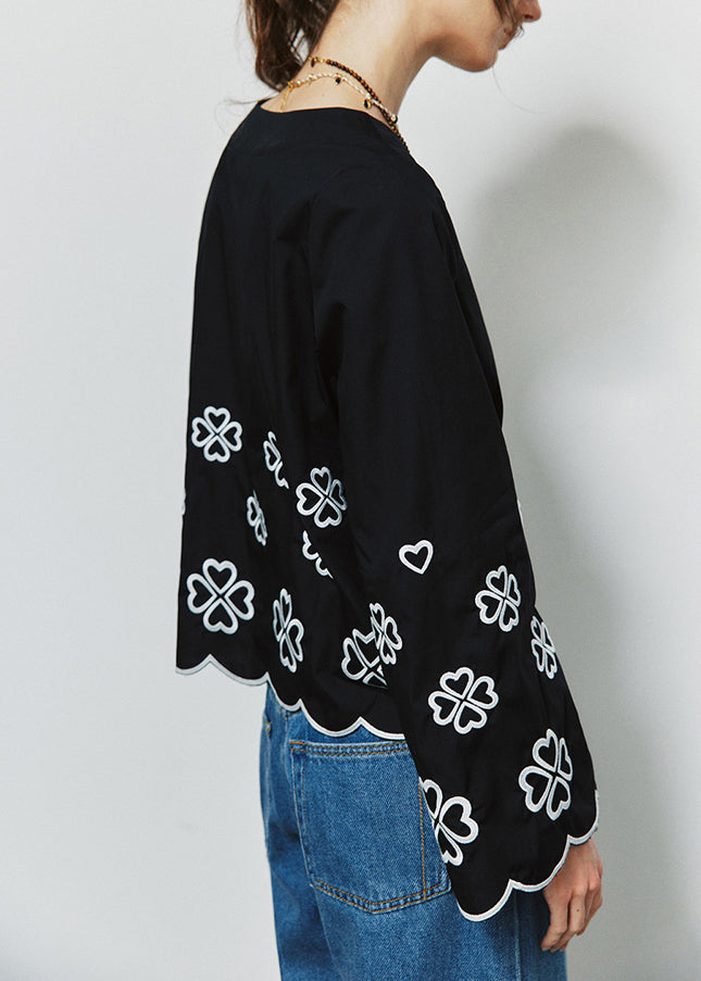 Modern Blue V Neck Embroidered Cotton Shirt Flare Sleeve