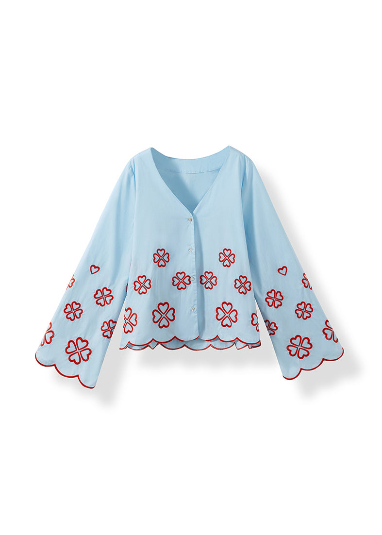 Modern Blue V Neck Embroidered Cotton Shirt Flare Sleeve