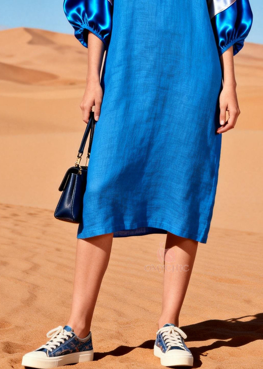 Modern Blue V Neck Patchwork Linen Straight Dress Lantern Sleeve