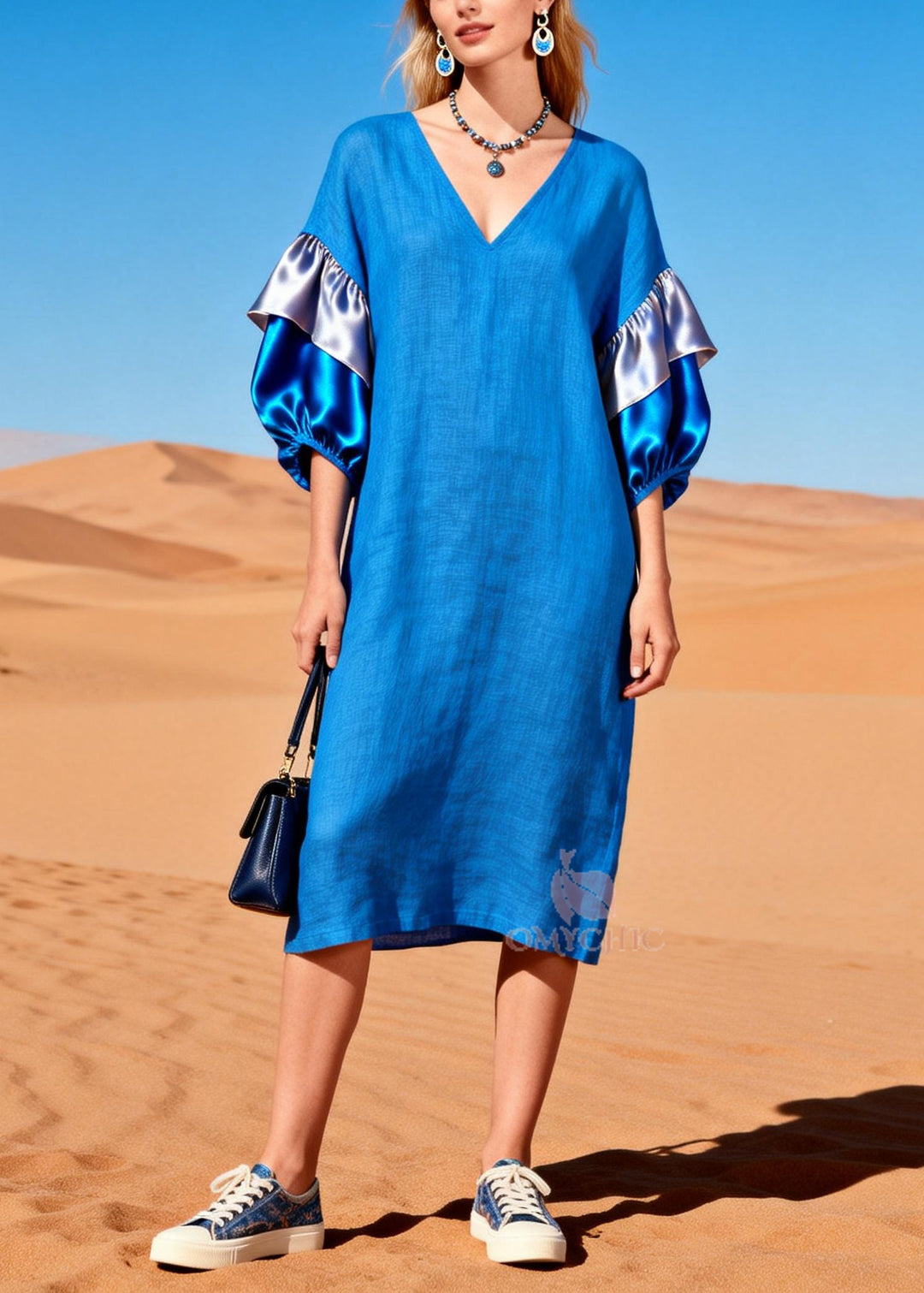 Modern Blue V Neck Patchwork Linen Straight Dress Lantern Sleeve