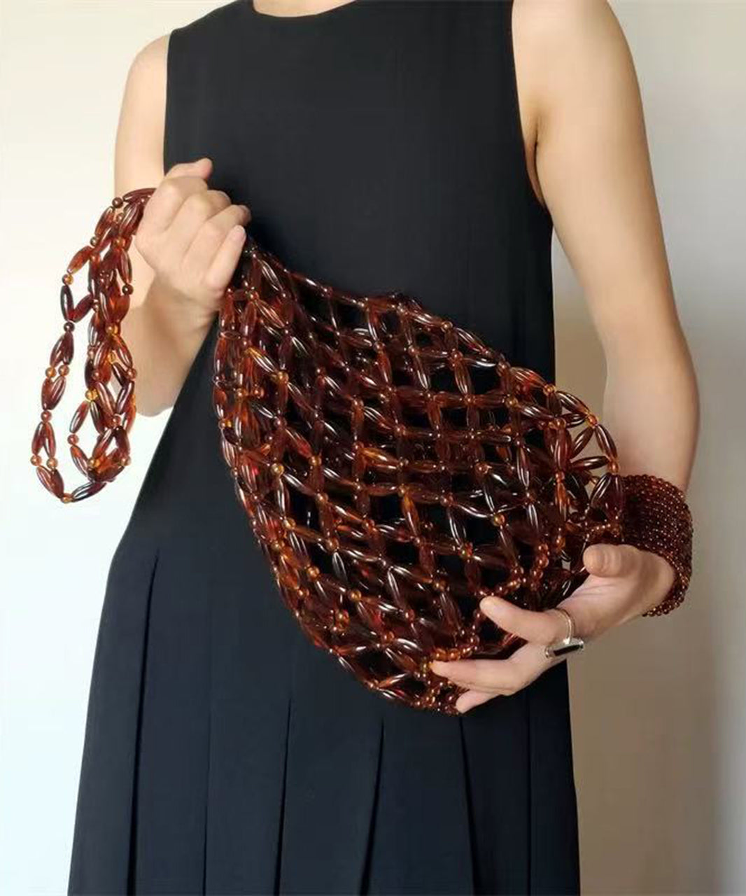 Modern Brown Beaded Woven Cut Out Shoulder Bag