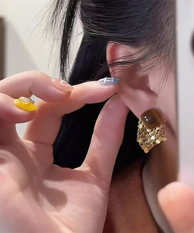 Modern Brown Copper Alloy Sequins TasselStud Earrings