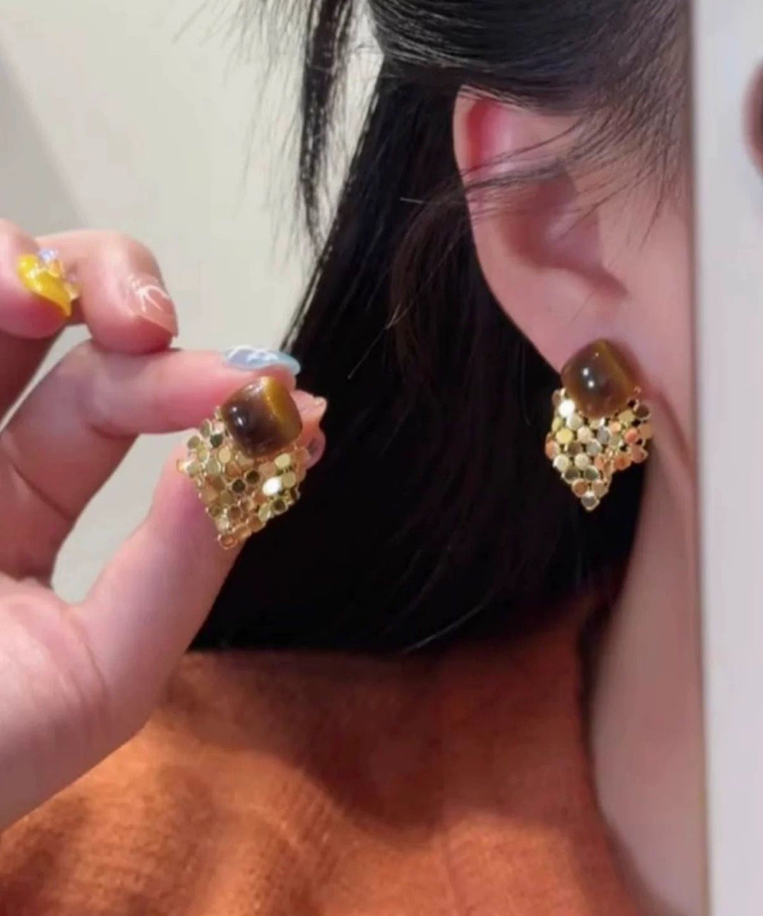 Modern Brown Copper Alloy Sequins TasselStud Earrings