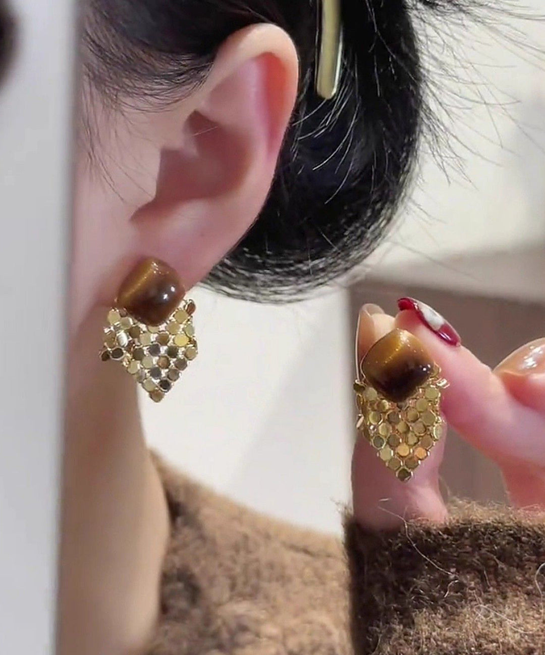 Modern Brown Copper Alloy Sequins TasselStud Earrings