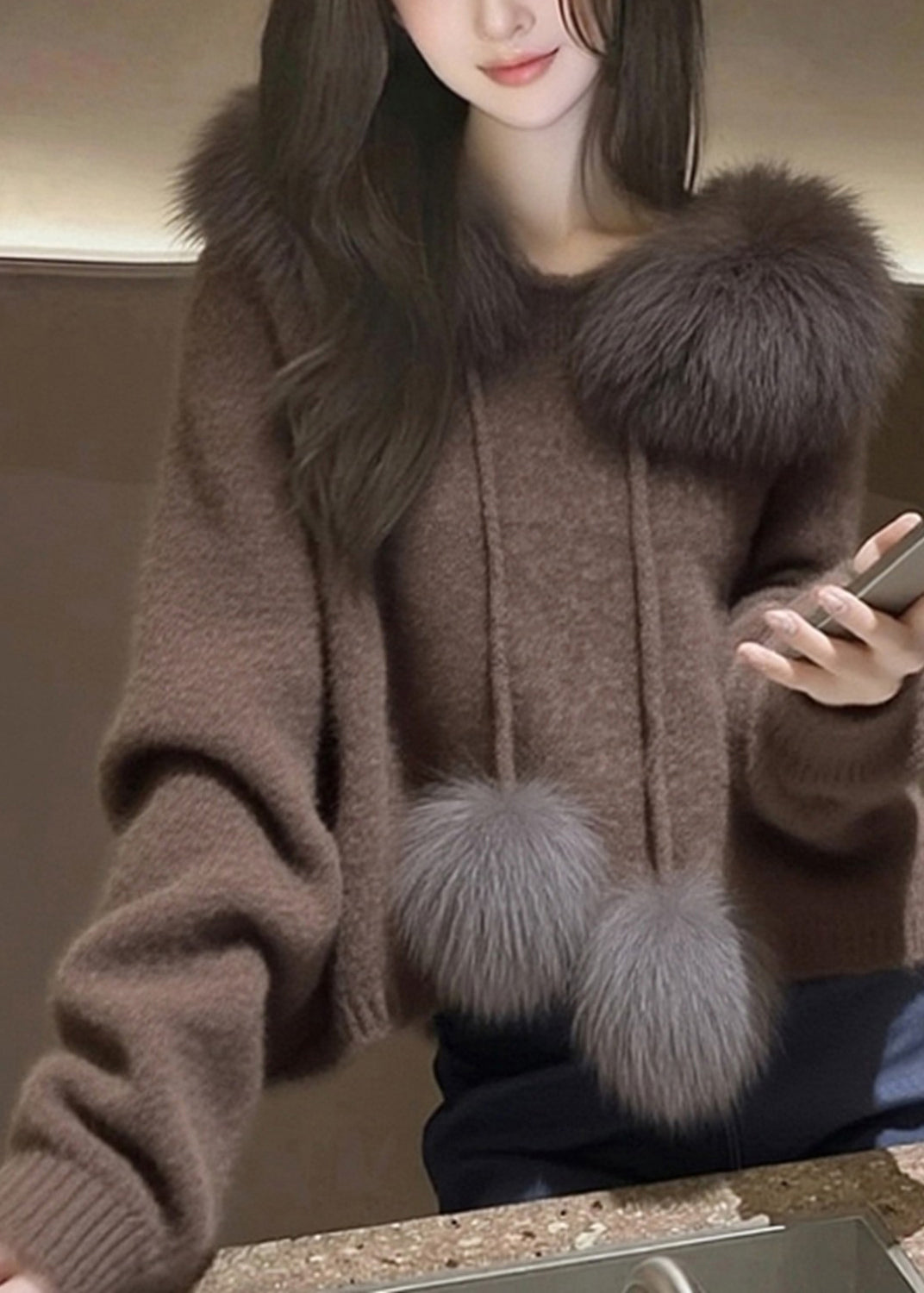 Modern Brown Hooded Patchwork Faux Fur Knit Sweater Tops Spring - Omychic
