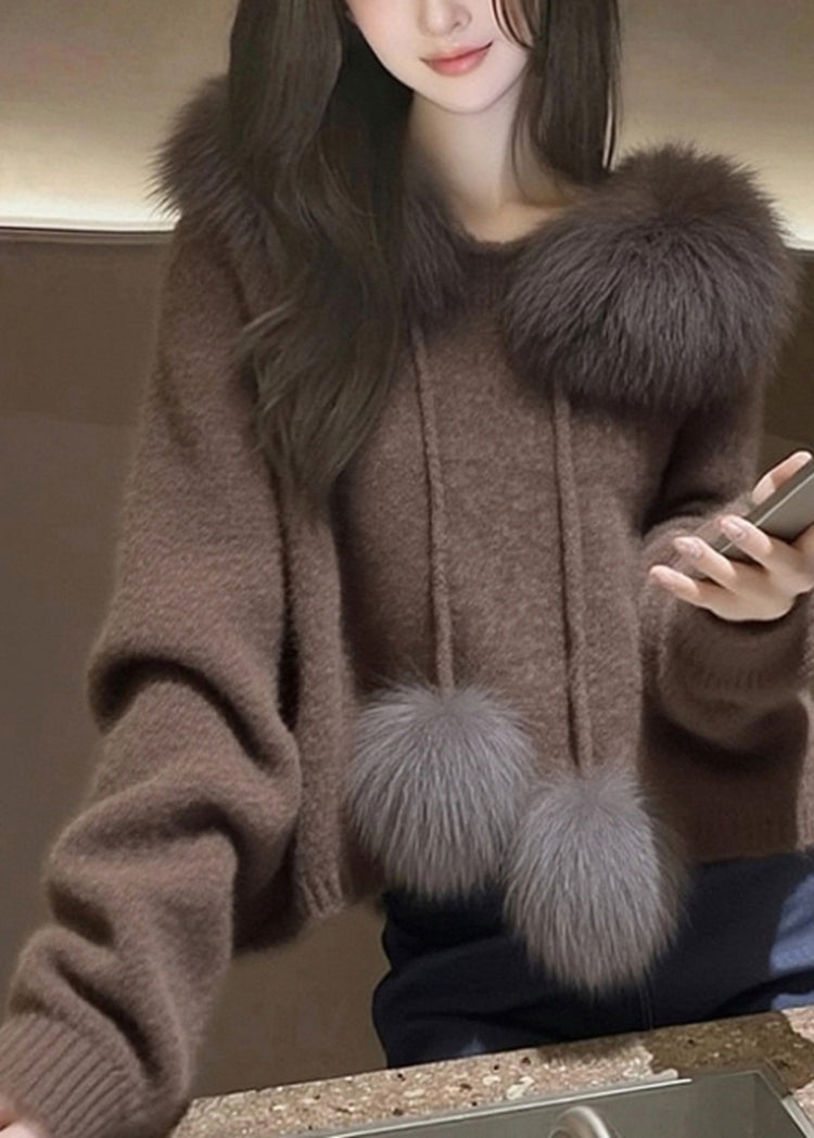 Modern Brown Hooded Patchwork Faux Fur Knit Sweater Tops Spring - Omychic