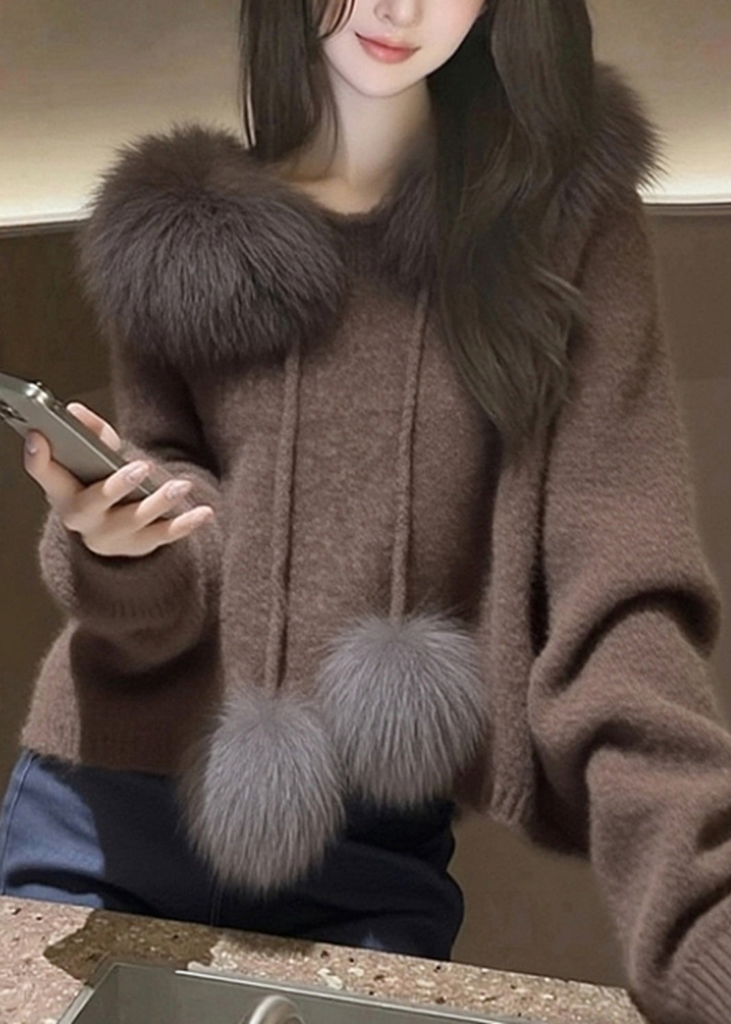 Modern Brown Hooded Patchwork Faux Fur Knit Sweater Tops Spring - Omychic