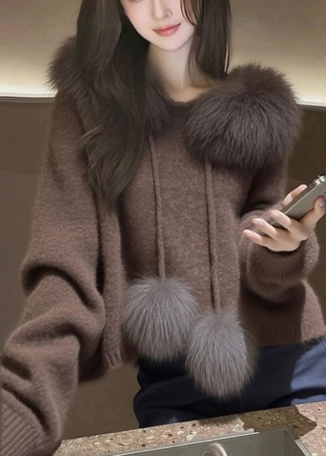 Modern Brown Hooded Patchwork Faux Fur Knit Sweater Tops Spring - Omychic