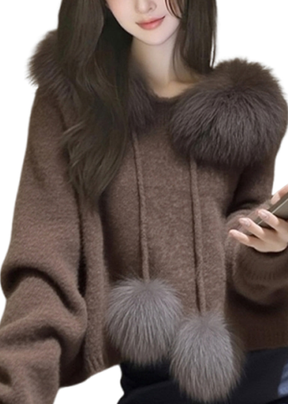 Modern Brown Hooded Patchwork Faux Fur Knit Sweater Tops Spring - Omychic