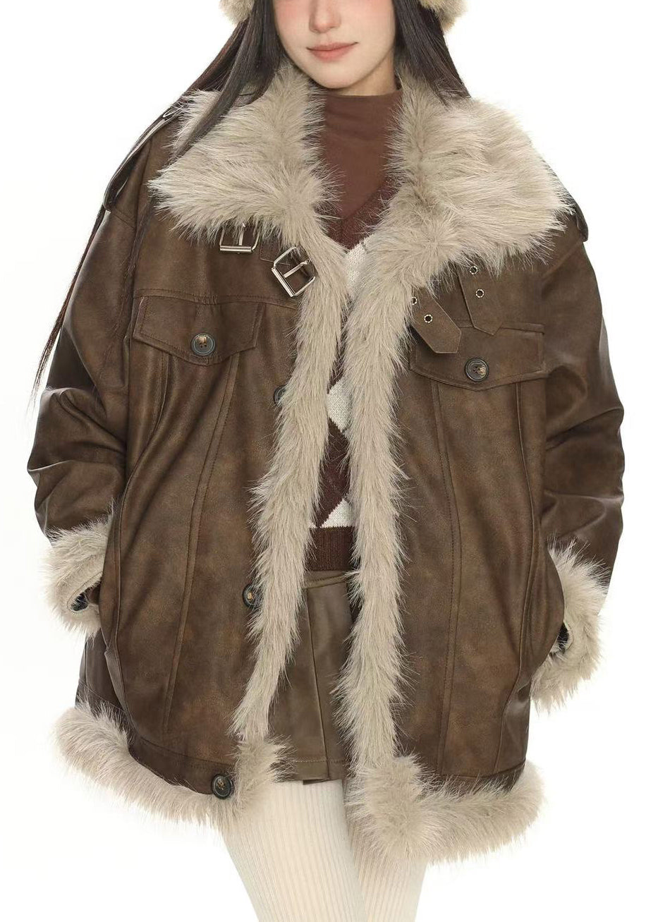 Modern Brown Oversized Patchwork Faux Leather Jackets Winter