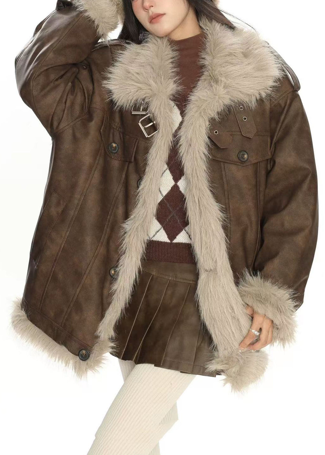 Modern Brown Oversized Patchwork Faux Leather Jackets Winter