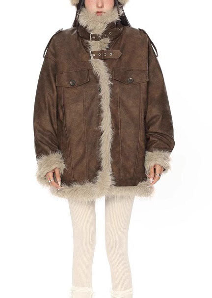 Modern Brown Oversized Patchwork Faux Leather Jackets Winter