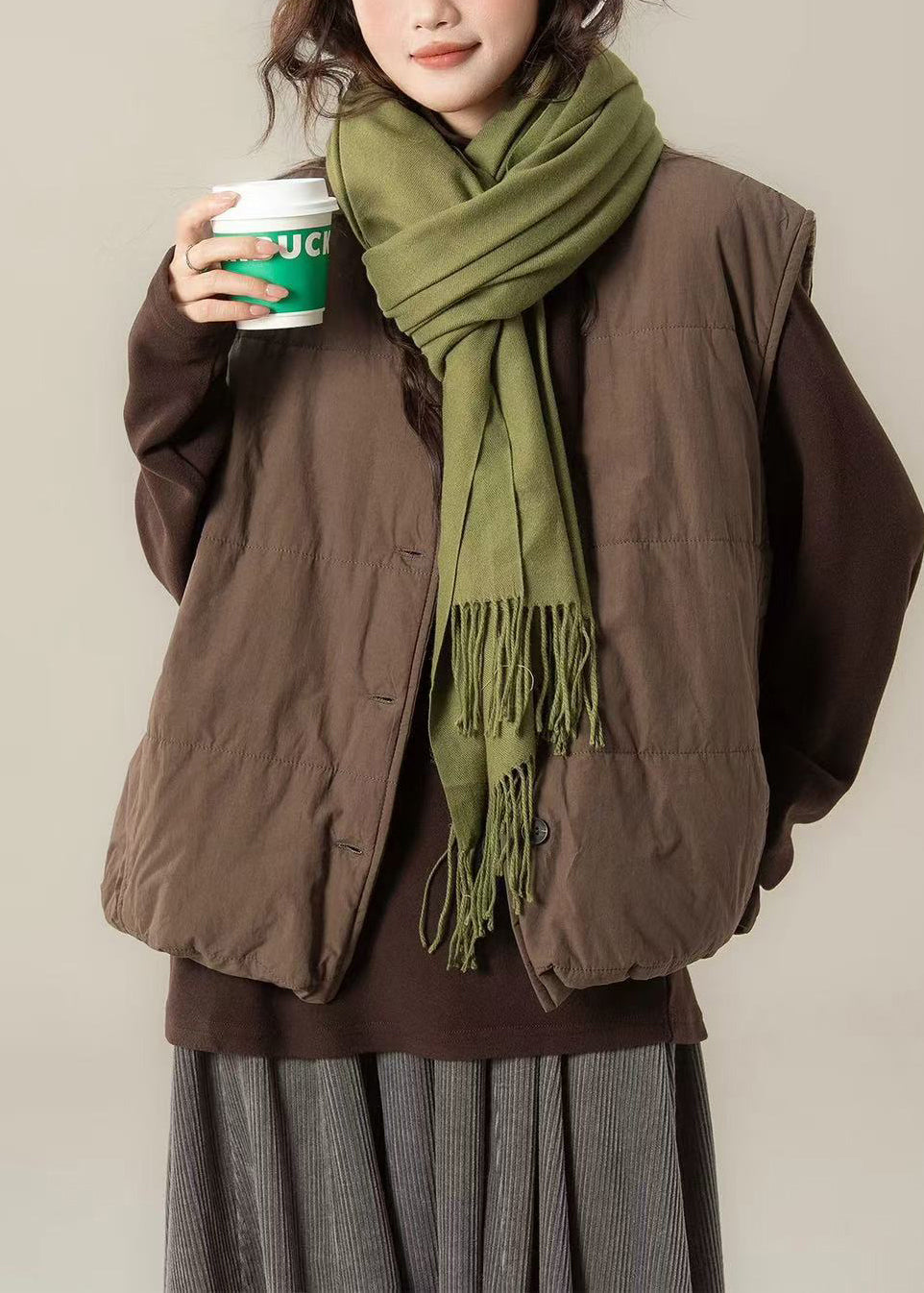 Modern Brown Oversized Warm Fine Cotton Filled Vests Winter