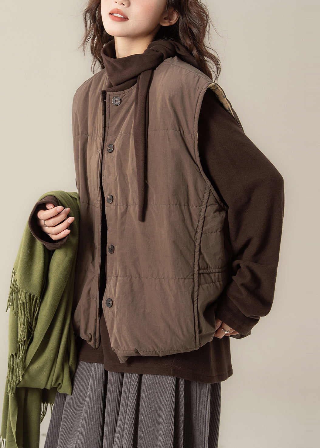 Modern Brown Oversized Warm Fine Cotton Filled Vests Winter