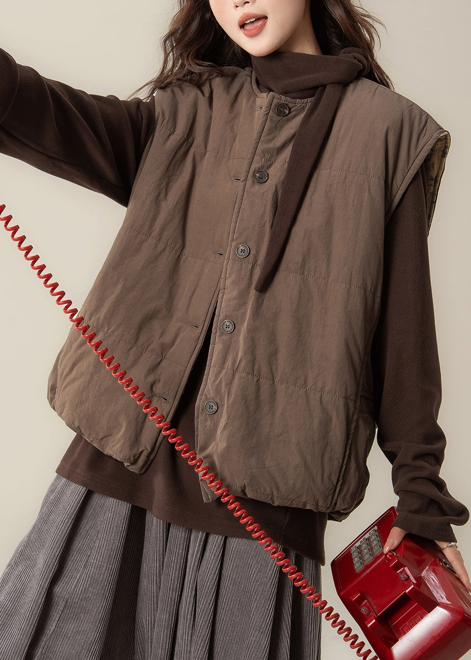 Modern Brown Oversized Warm Fine Cotton Filled Vests Winter