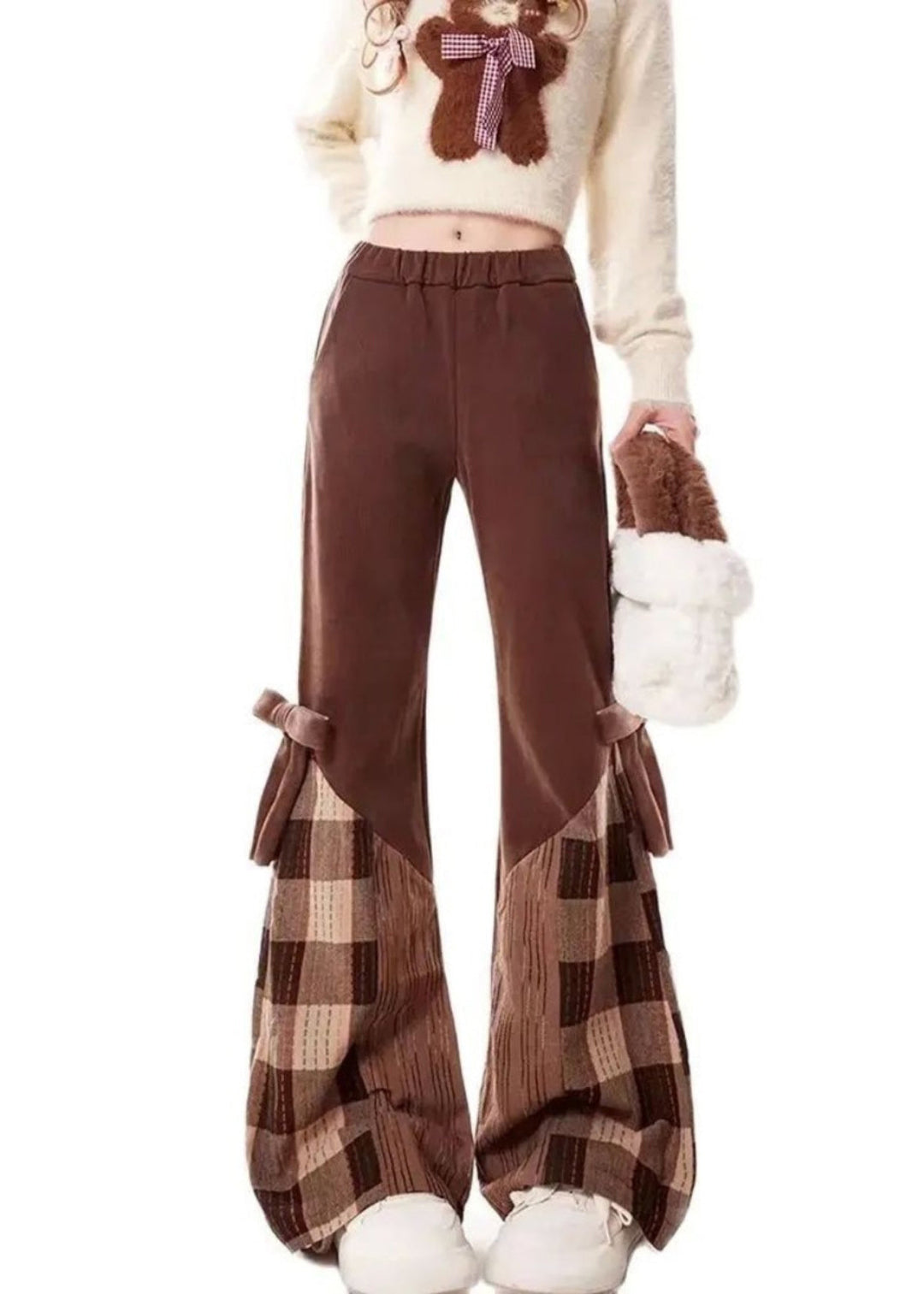 Modern Brown Patchwork Bow Cotton Flared Trousers Fall