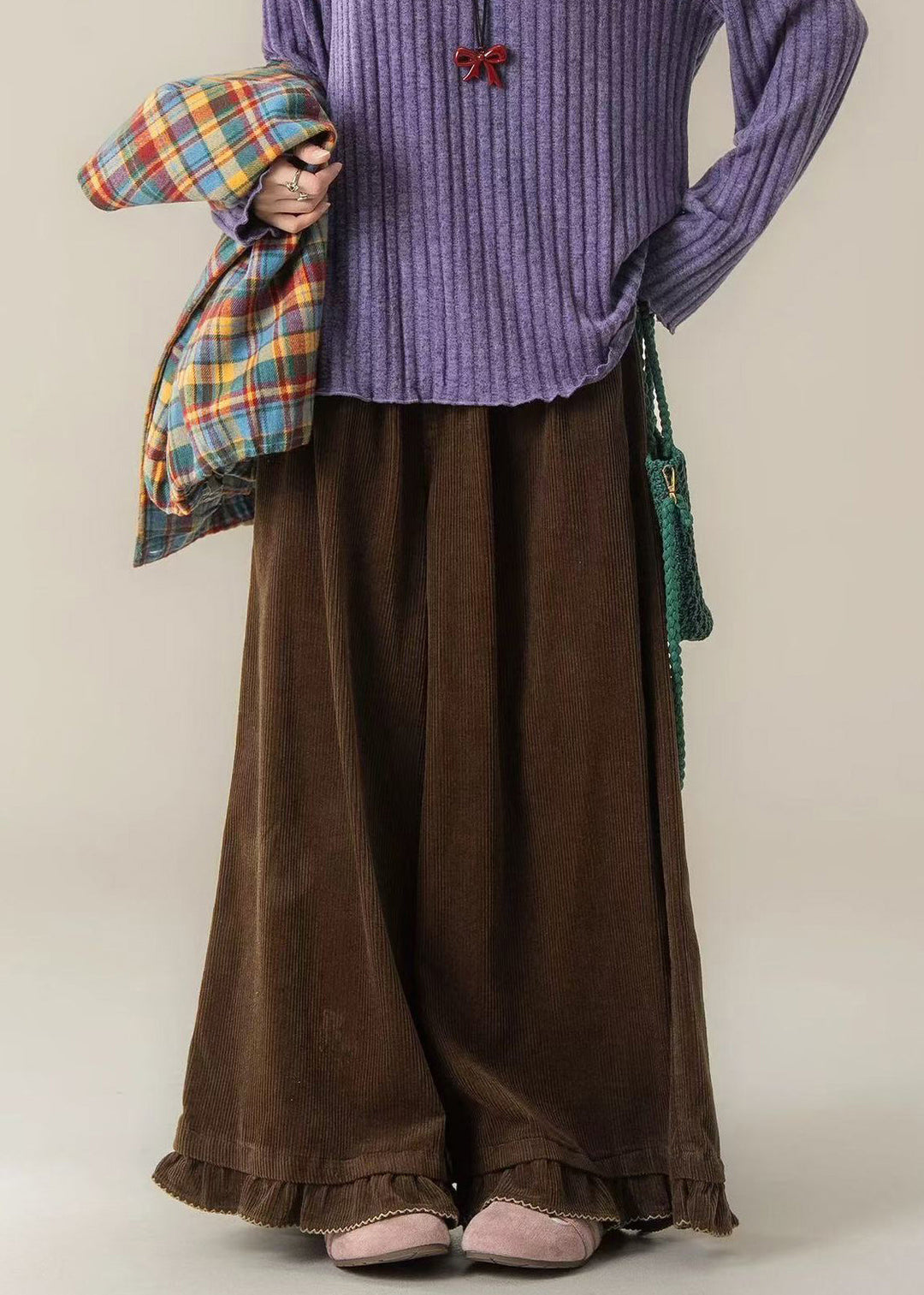 Modern Brown Ruffled Corduroy Wide Leg Pants Spring
