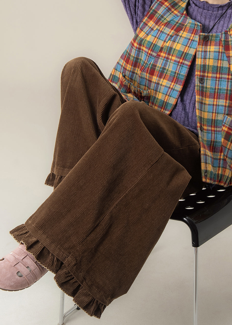 Modern Brown Ruffled Corduroy Wide Leg Pants Spring