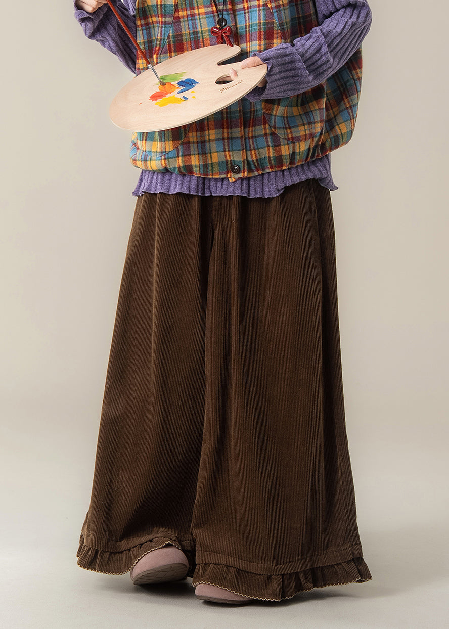 Modern Brown Ruffled Corduroy Wide Leg Pants Spring