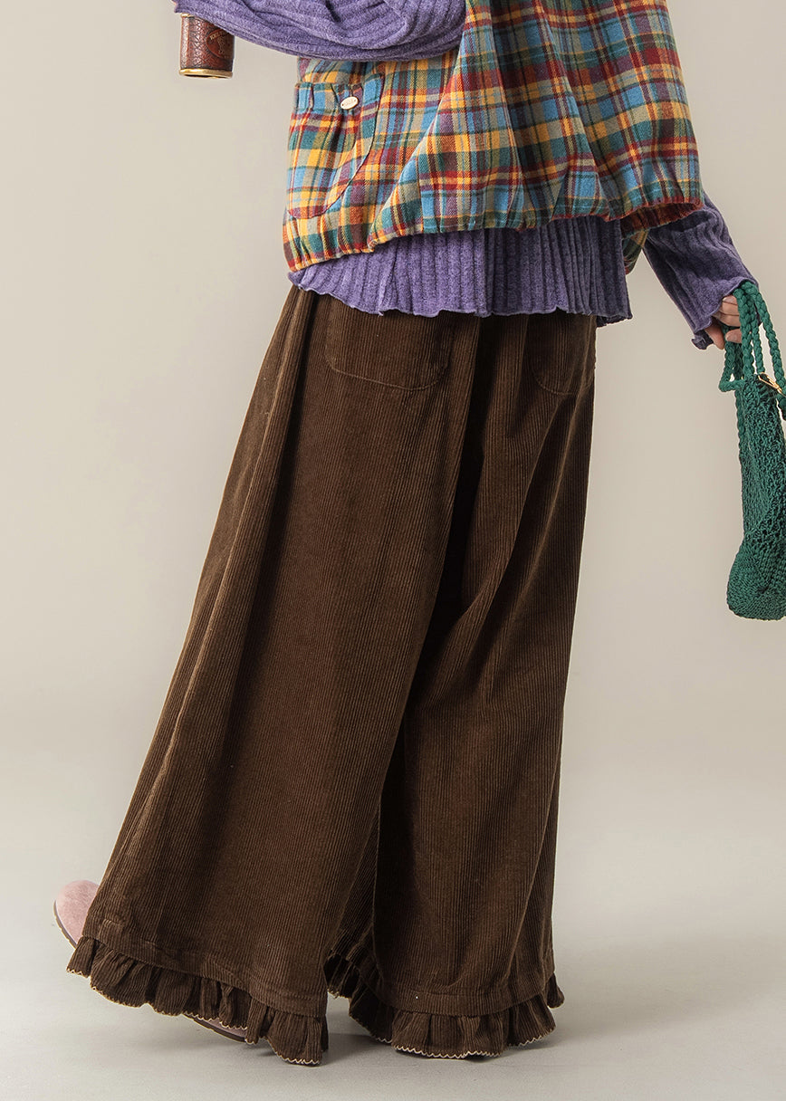 Modern Brown Ruffled Corduroy Wide Leg Pants Spring