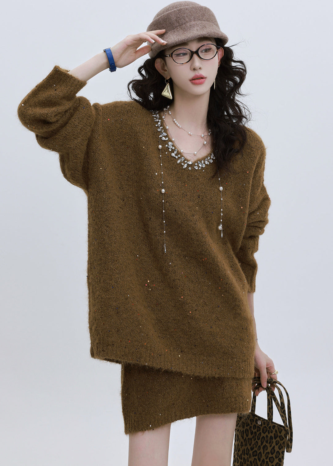Modern Brown Sequins Rhinestone Knit Two Piece Set Outfits Winter