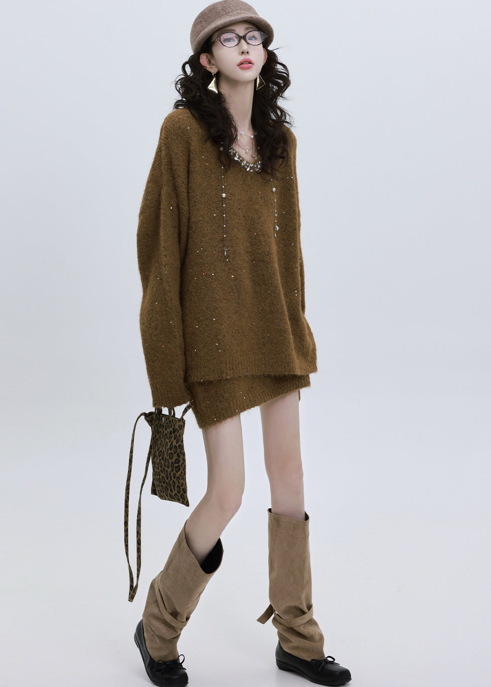 Modern Brown Sequins Rhinestone Knit Two Piece Set Outfits Winter