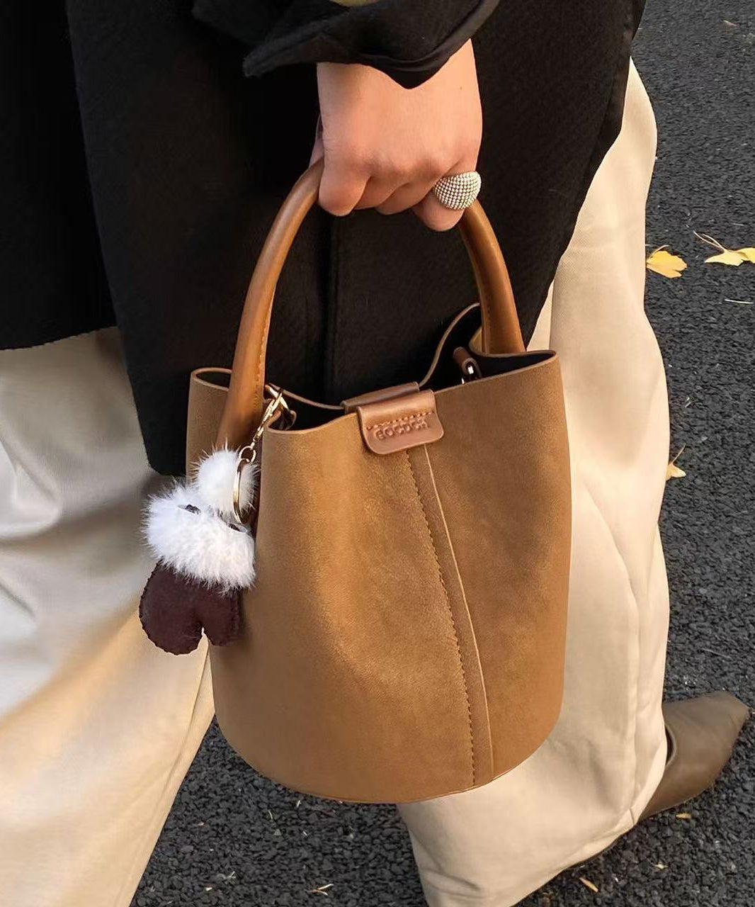 Modern Brown Solid Durable Faux Leather Bucket Bag