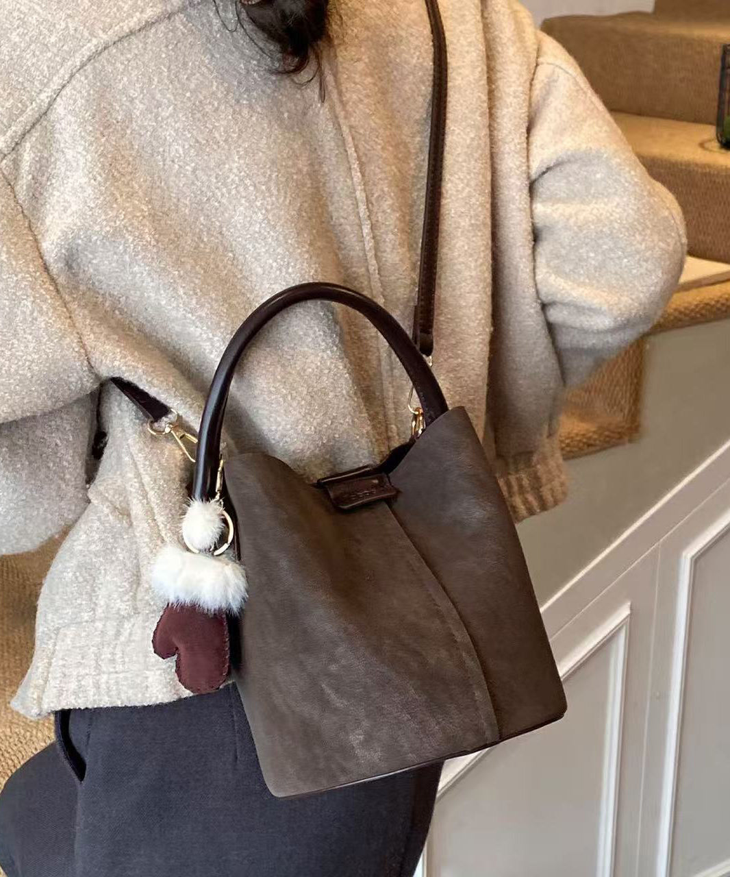 Modern Brown Solid Durable Faux Leather Bucket Bag