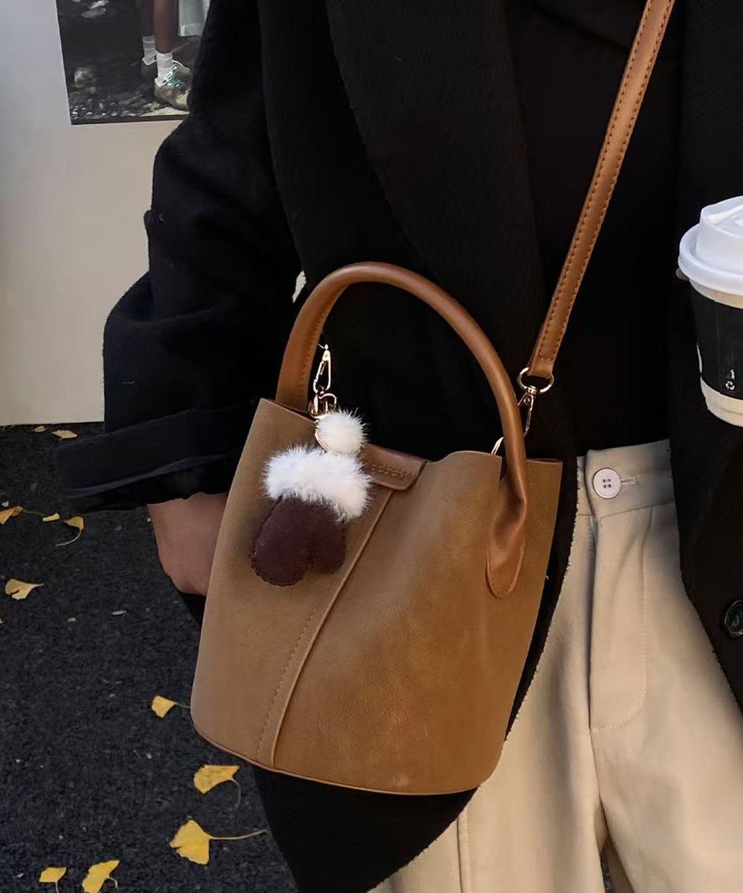 Modern Brown Solid Durable Faux Leather Bucket Bag