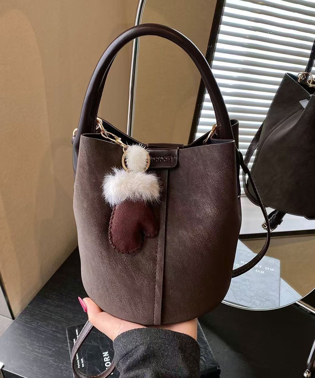 Modern Brown Solid Durable Faux Leather Bucket Bag