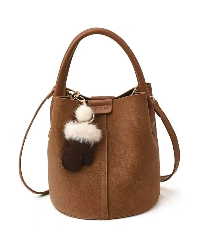 Modern Brown Solid Durable Faux Leather Bucket Bag