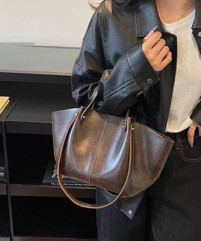 Modern Brown Solid Durable Wrinkled Faux Leather Satchel Handbag