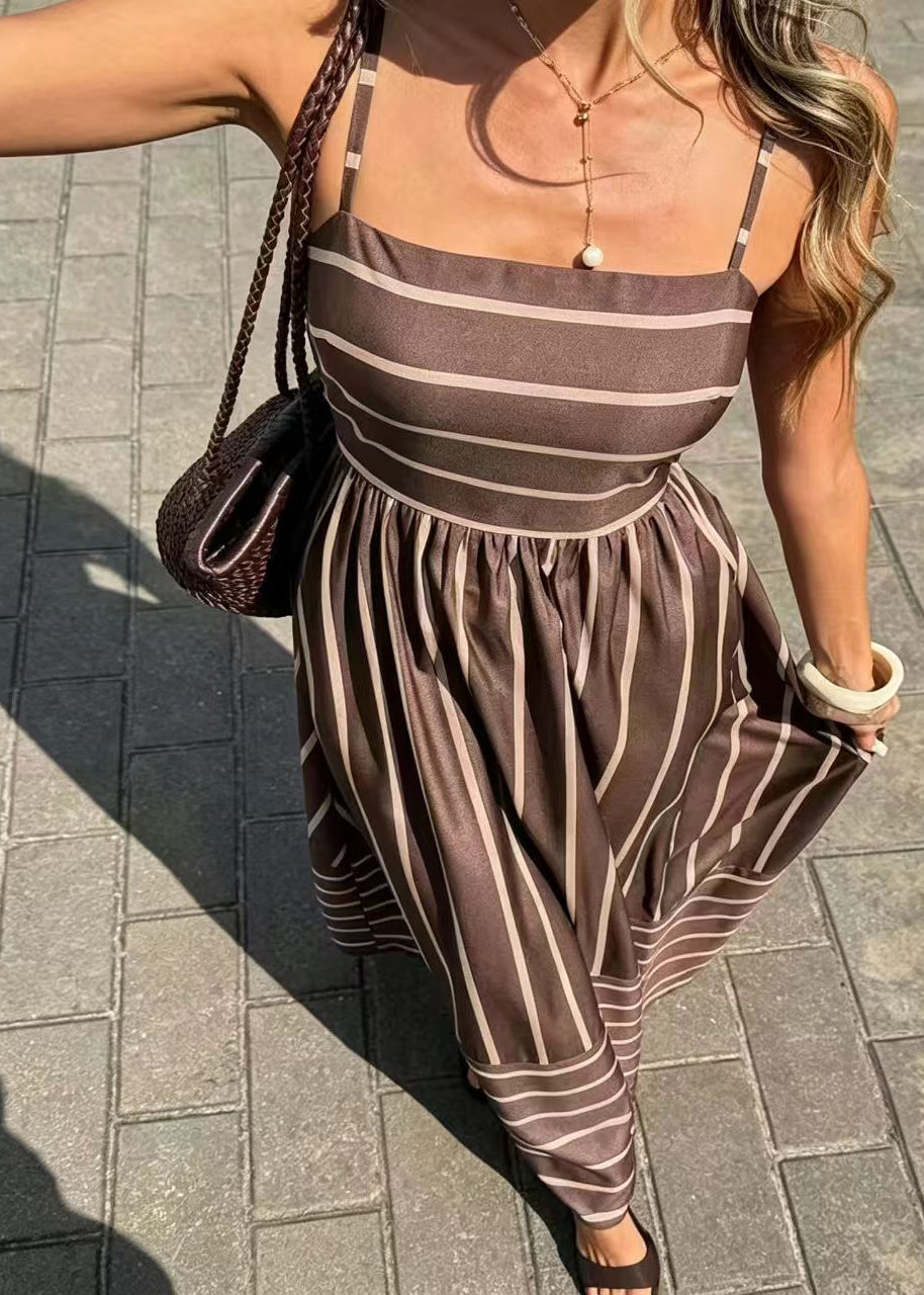 Modern Brown Striped Exra Large Hem Cotton Dress Summer