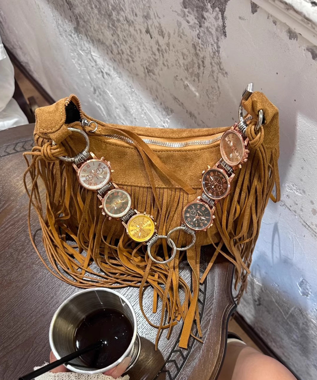 Modern Brown Suede Tassel Shoulder Bag