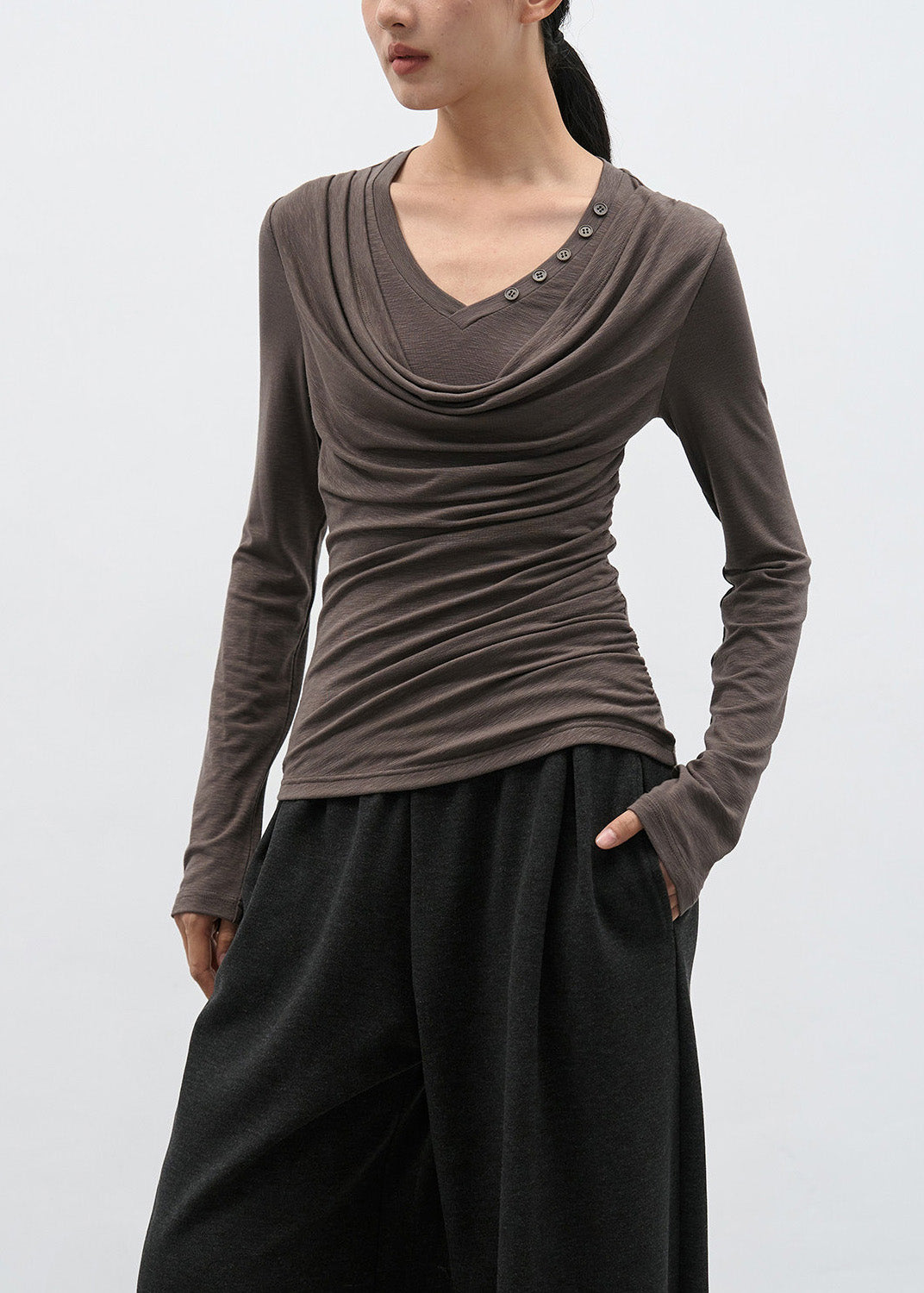 Modern Brown Wrinkled Patchwork Cotton T Shirts Spring