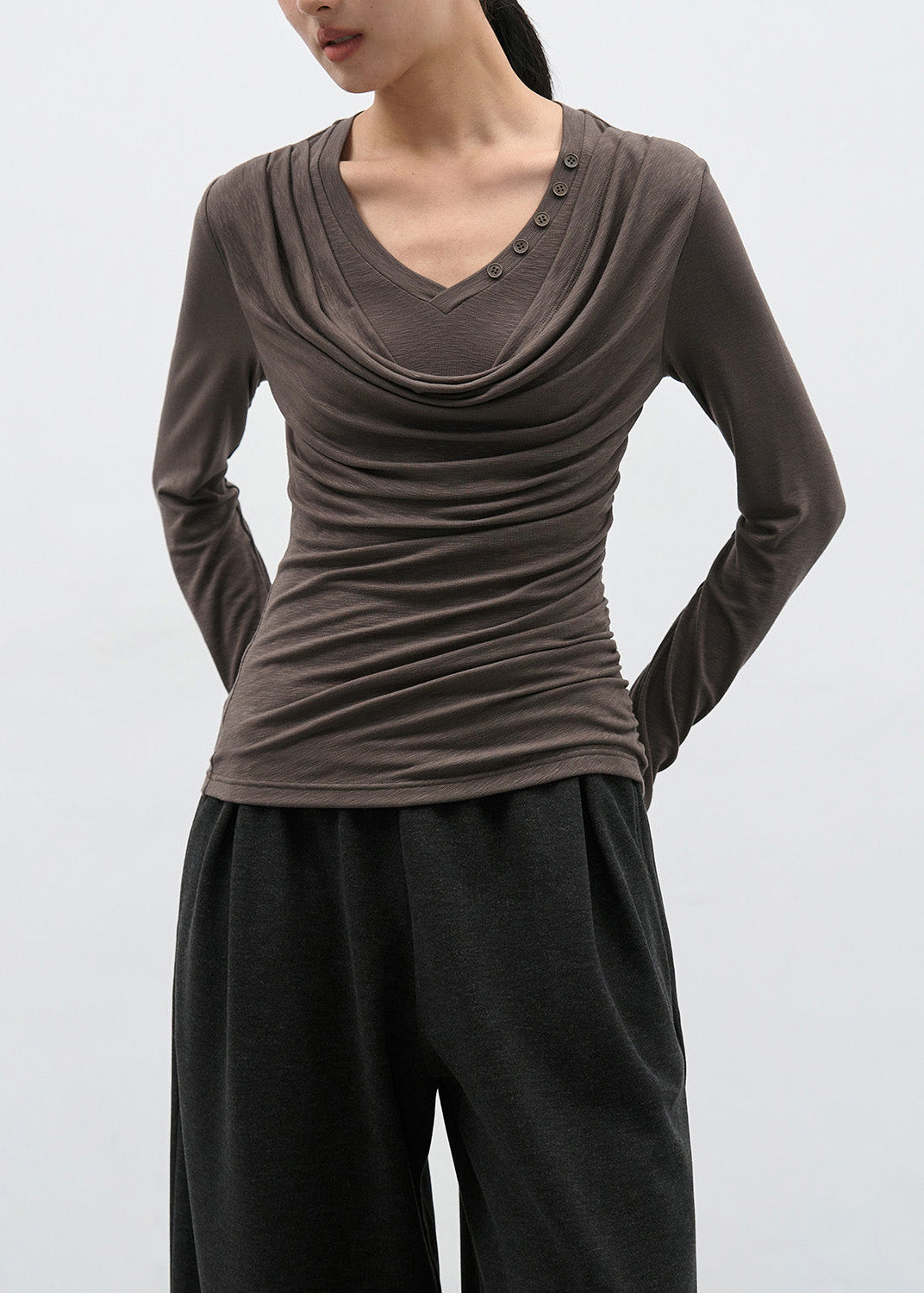 Modern Brown Wrinkled Patchwork Cotton T Shirts Spring