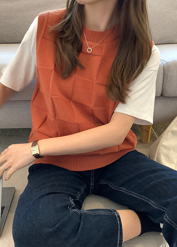 Modern Caramel O Neck Plaid Knit Vest Tops Sleeveless