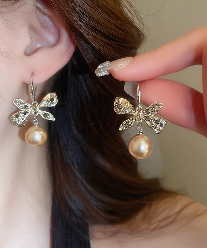 Modern Champagne Copper Alloy Zircon Bow Pearl Drop Earrings