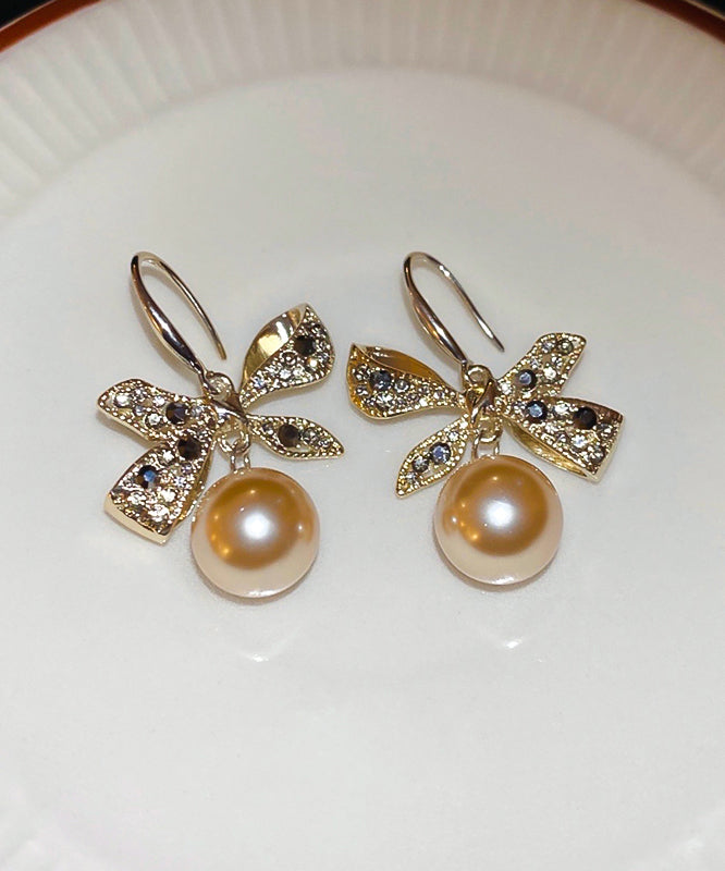 Modern Champagne Copper Alloy Zircon Bow Pearl Drop Earrings