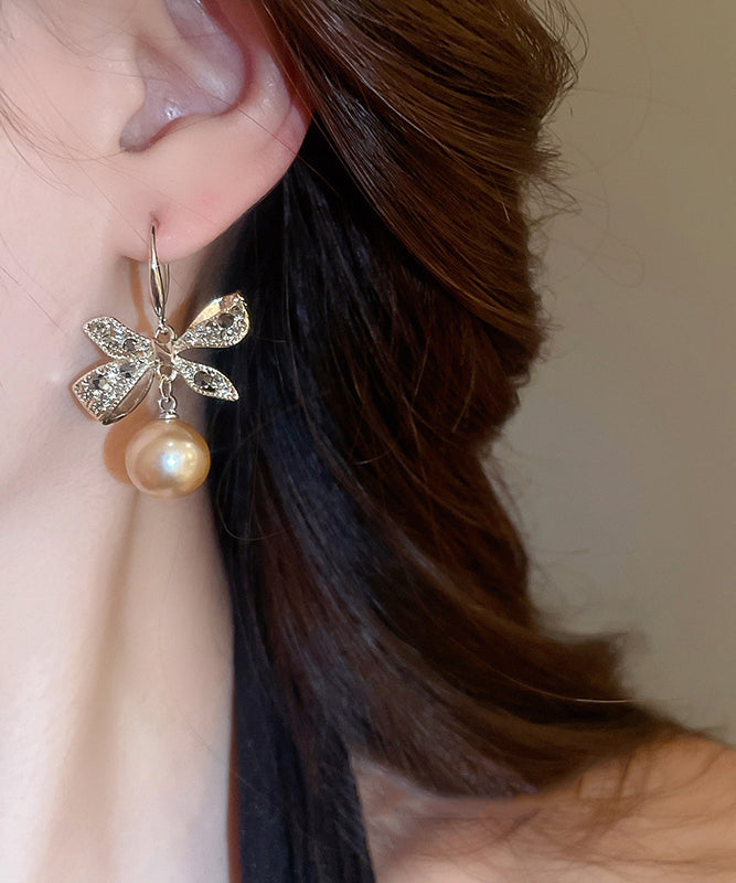 Modern Champagne Copper Alloy Zircon Bow Pearl Drop Earrings