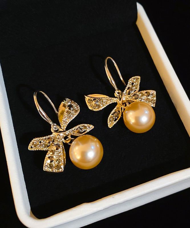 Modern Champagne Copper Alloy Zircon Bow Pearl Drop Earrings