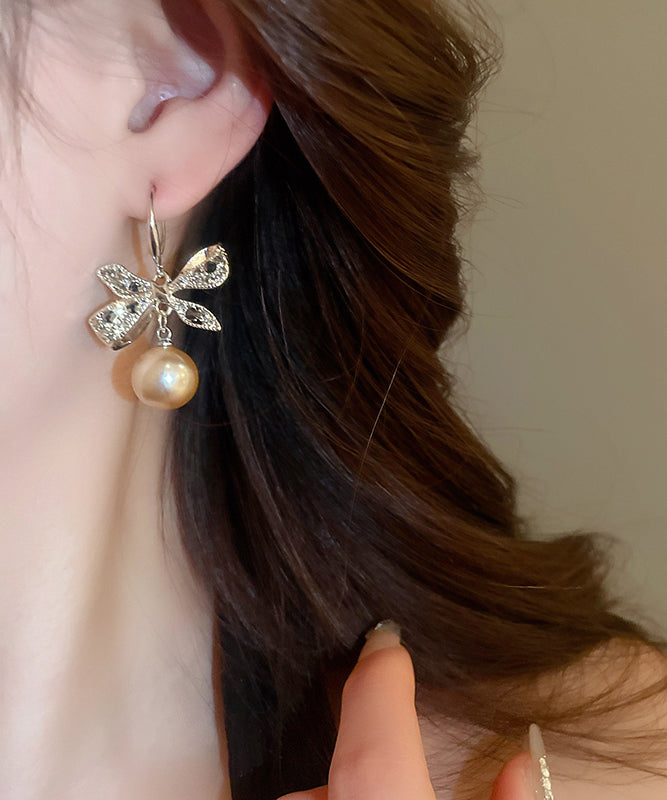 Modern Champagne Copper Alloy Zircon Bow Pearl Drop Earrings